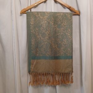 Pashmina Scarf Wrap Shawl 70% Cashmere 30% Silk Green And Gold Paisley 74x26